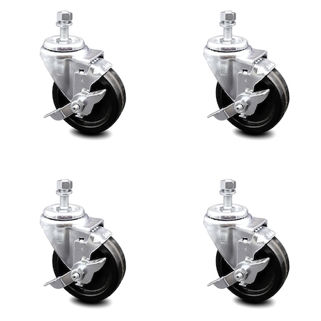 Service Caster 4 Inch Phenolic Wheel Swivel 1/2 Inch Threaded Stem Caster Set with Brake SCC SCC-TS20S414-PHR-TLB-121315-4